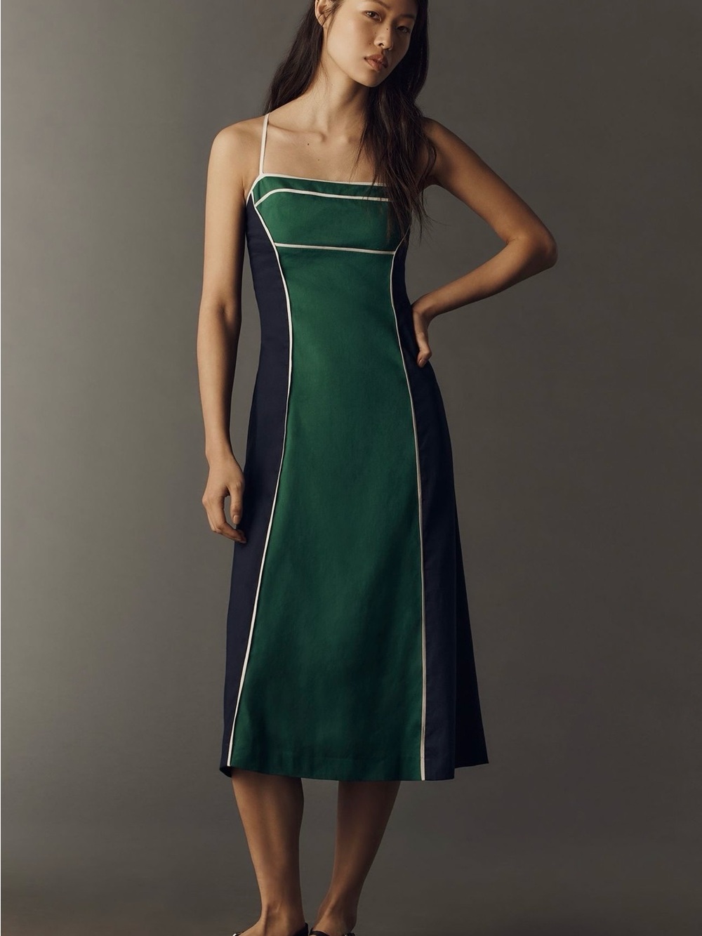 NWT. Anthropologie Maeve Colorblock Midi Dress. Green / Navy Combo. XS.